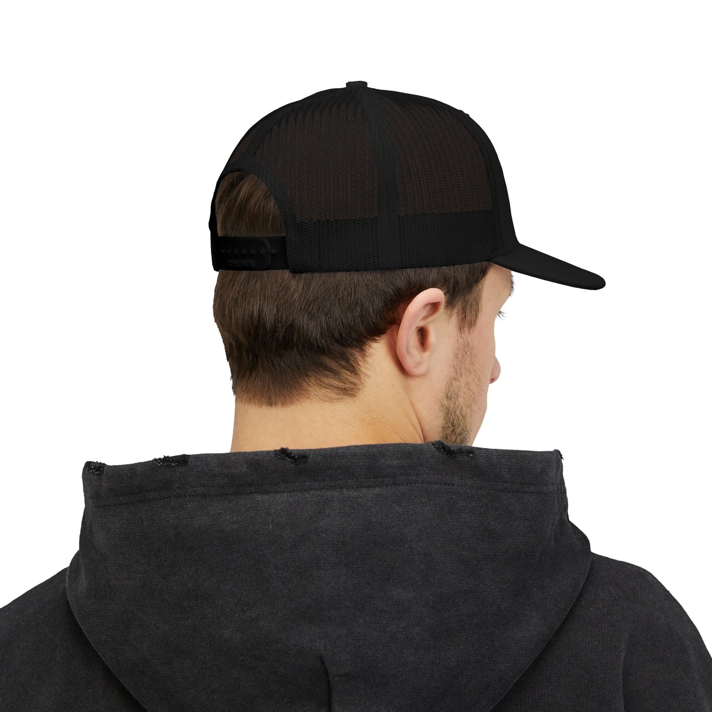 Embroidered Tally Mark Trucker Cap — Minimal Black Snapback