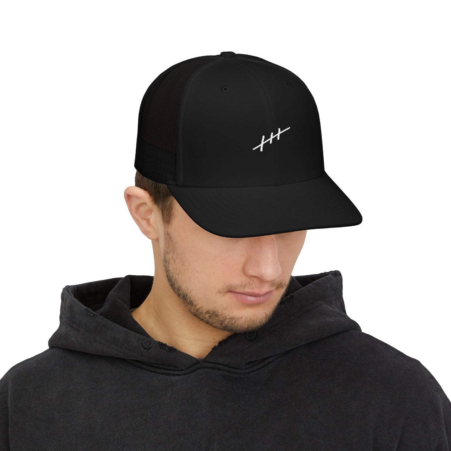 Embroidered Tally Mark Trucker Cap — Minimal Black Snapback