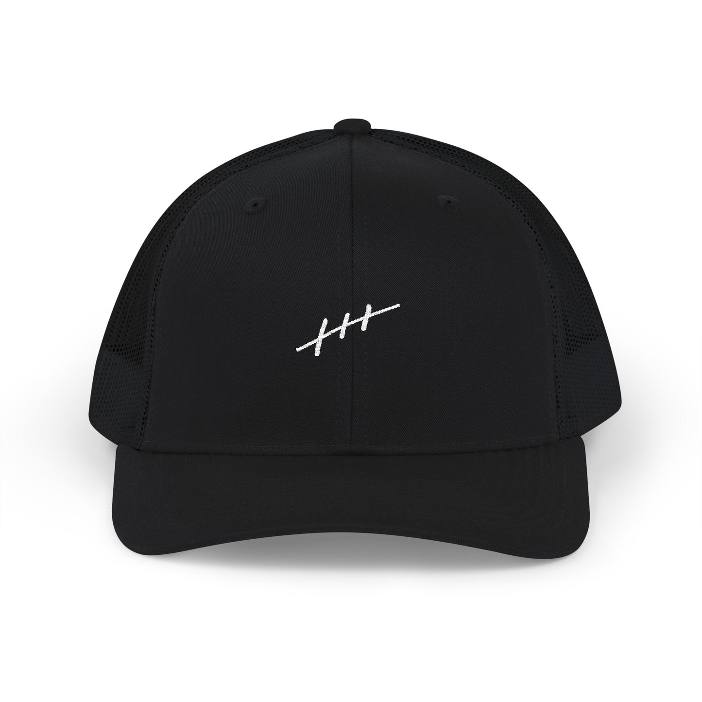 Embroidered Tally Mark Trucker Cap — Minimal Black Snapback